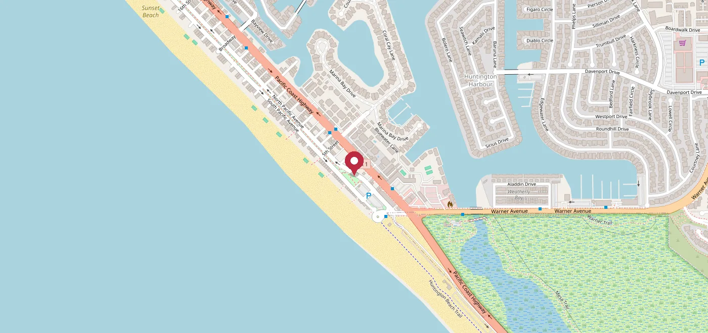 Map showing J. King Neptunes on Pacific Coast Highway in Sunset Beach, California